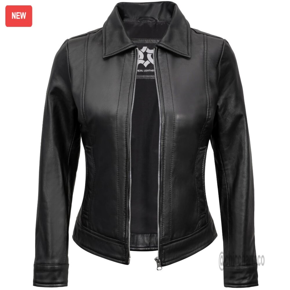 Vintage Style Real Lambskin Leather Jacket Women Turn Down Collar Casual